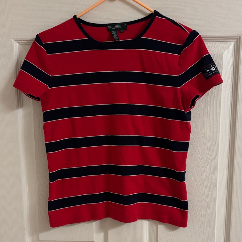 Lauren Ralph Lauren Red and Navy Striped Short Sleeve Tee